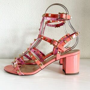 Valentino Garavani Rockstud Pink Coral Caged Block Heel Sandals Size EU 39.5